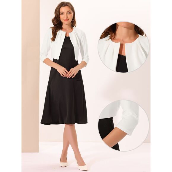 3/4 Sleeve Shrug Top Collarless Pleated Open Front Cropped Cardigan White - Picture 2 of 6